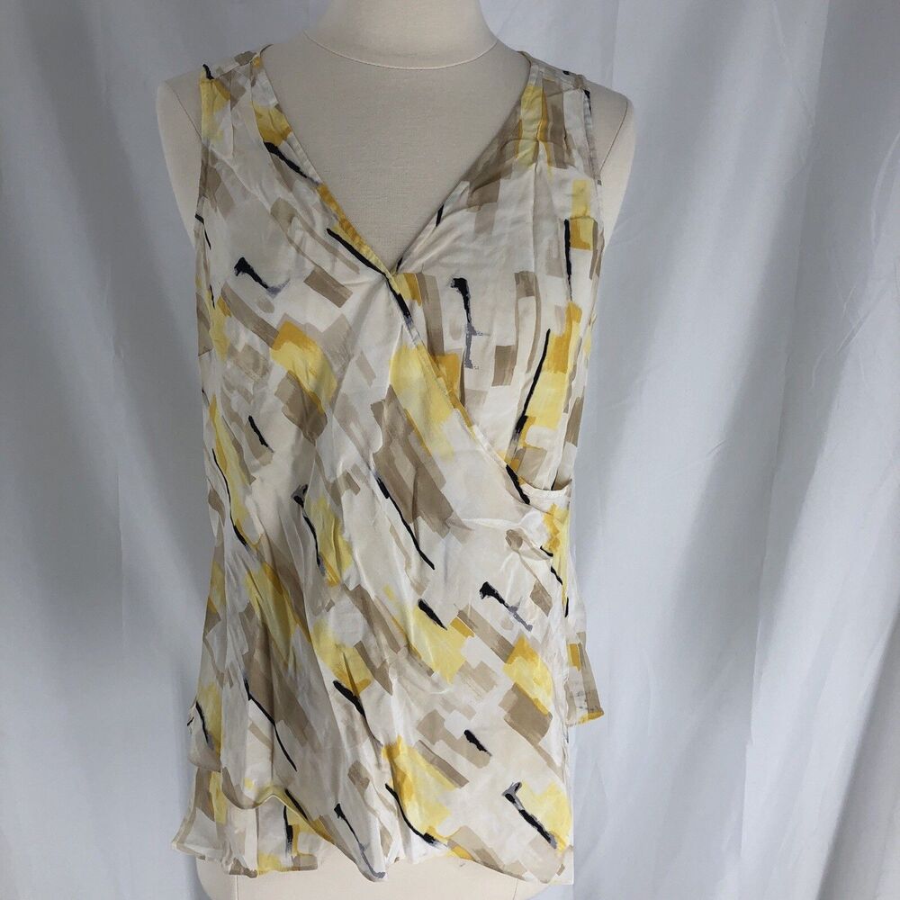 White House Black Market Silk Abstract Print Sleeveless Blouse Small Yellow